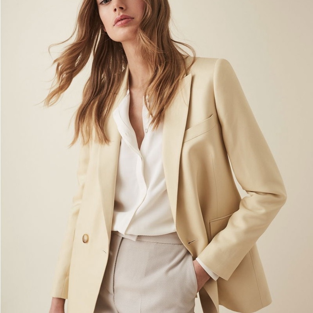 Reiss Olivia Satin Twill Tailored Blazer Double-Breasted in Lemon